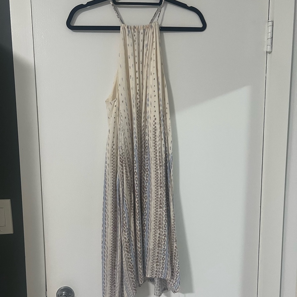 Paper Crane Elegant Cream and Blue Patterned Halter Dress